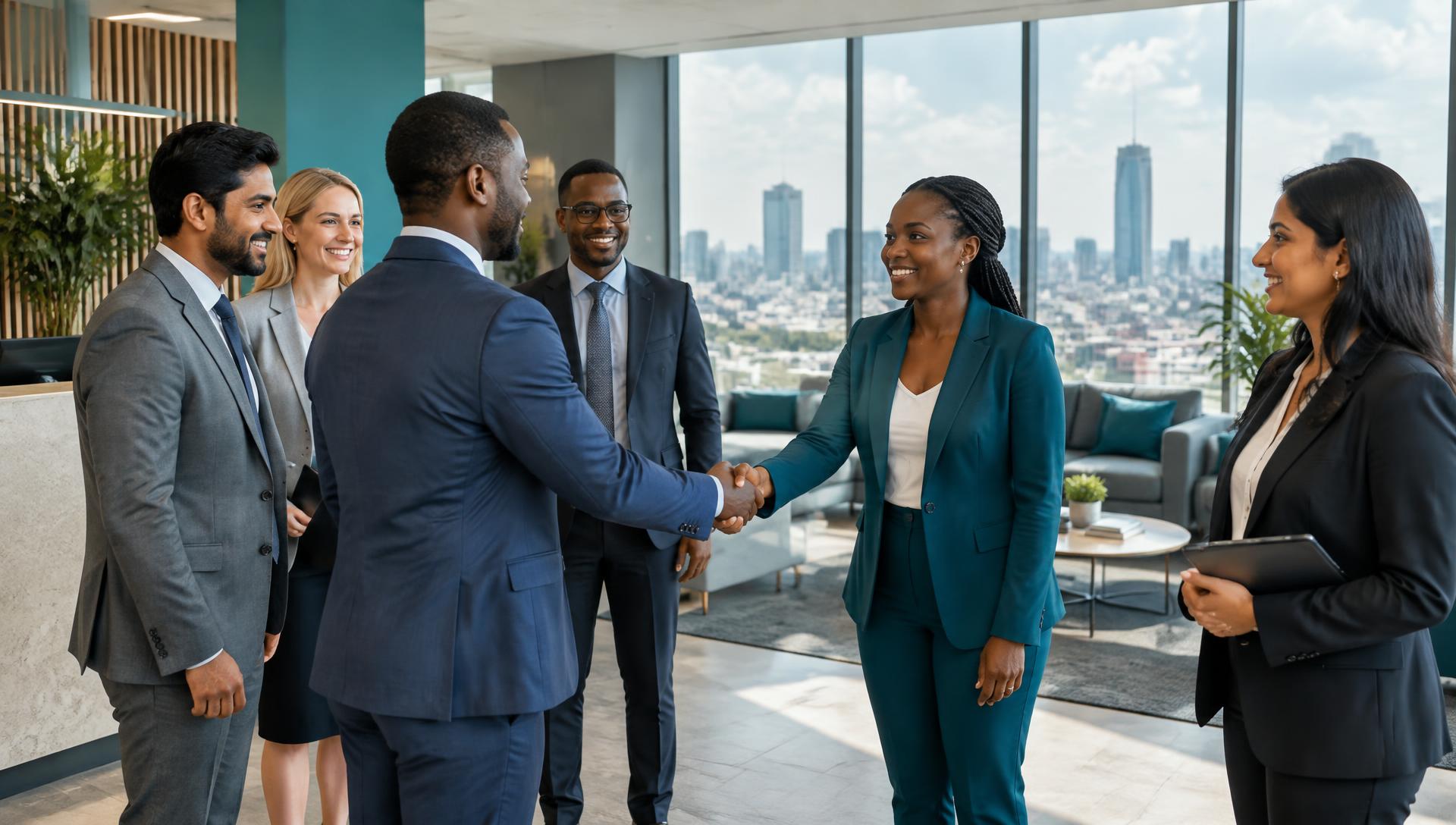 ProComm team welcoming a client in a modern office