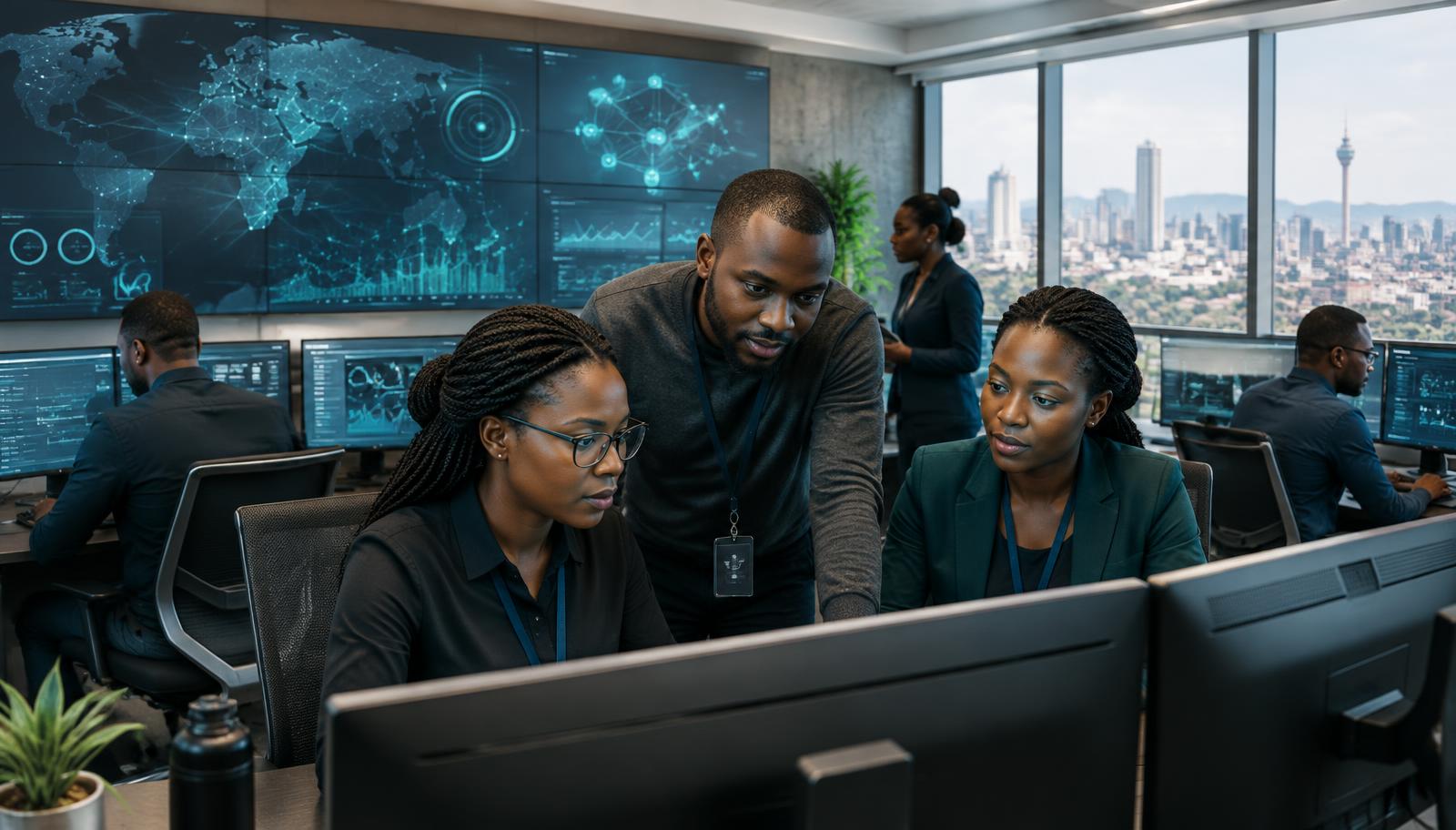 African cybersecurity analysts working together in a security operations centre