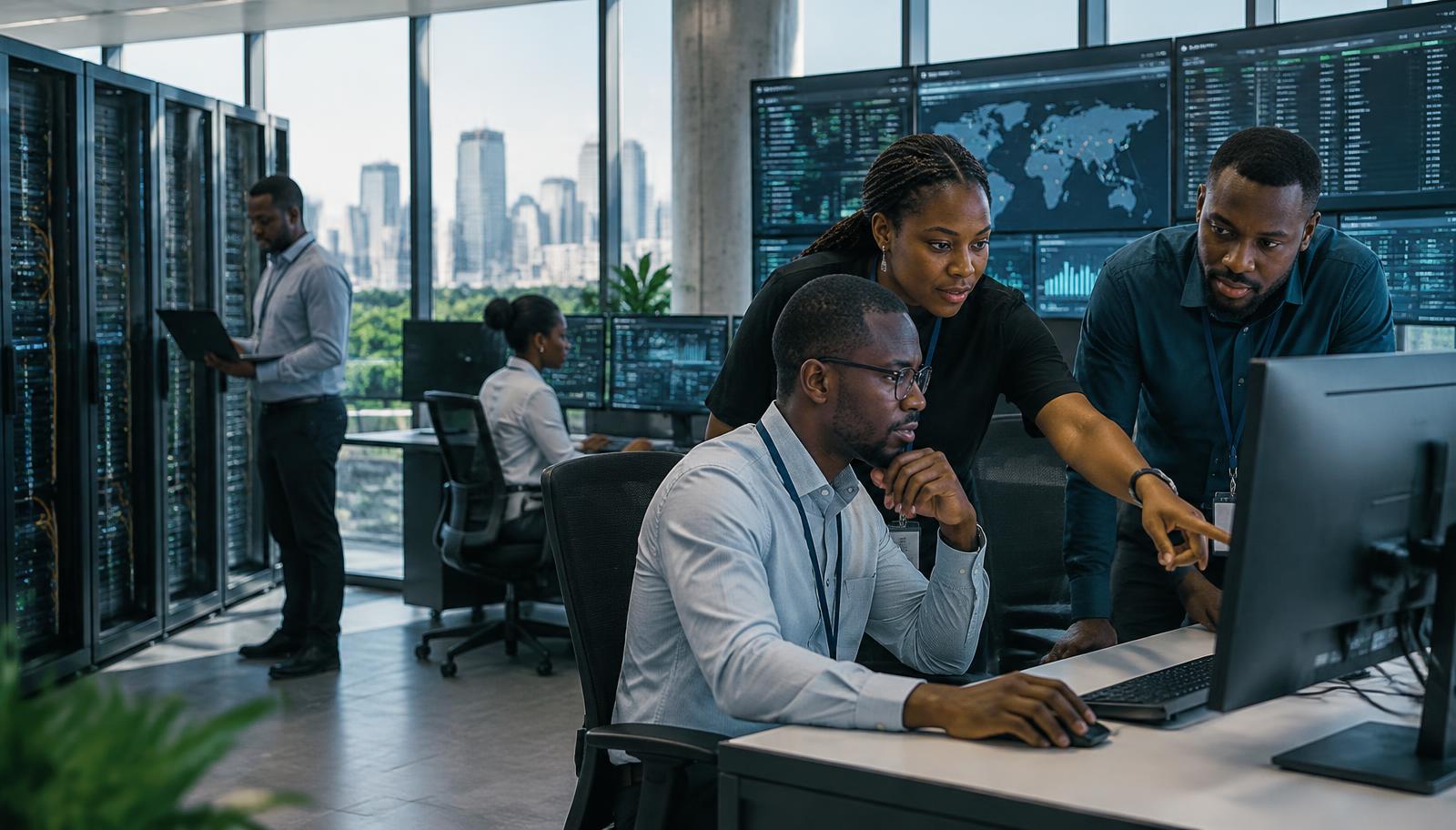 African infrastructure specialists collaborating in a modern network operations centre