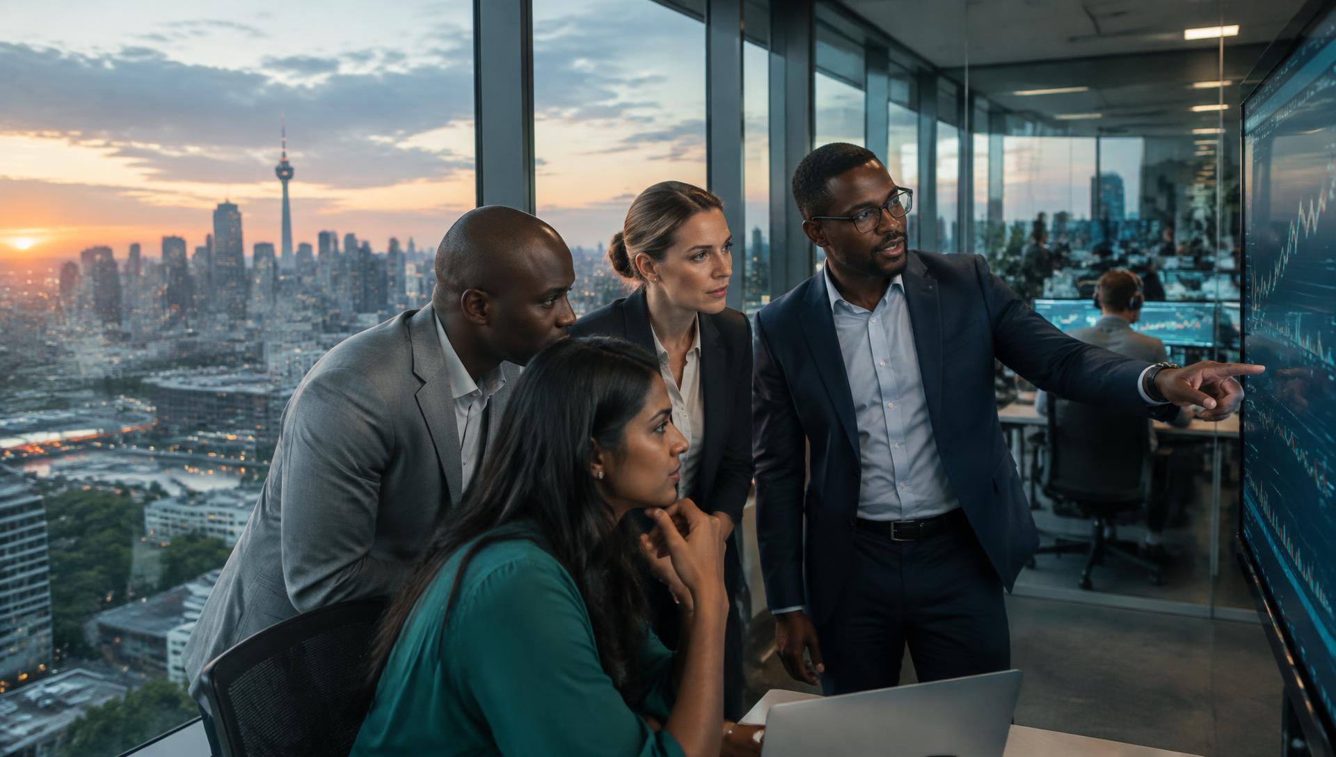 Professionals reviewing data in a modern African office tower